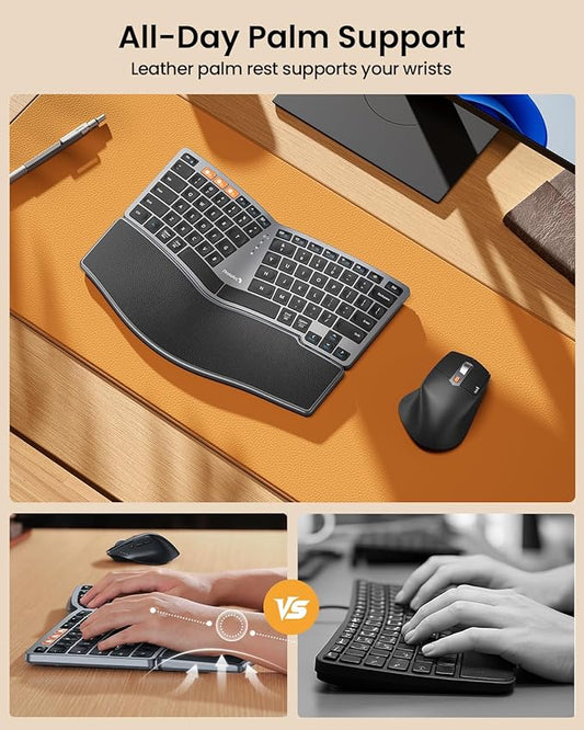 ProtoArc Bluetooth Ergonomic Keyboard Mouse, EKM04 Mini Compact Wireless Ergo Keyboard Mouse Combo, Split Design, Wrist Rest, Multi-Device, Rechargeable, Compatible with Windows/Mac/Android