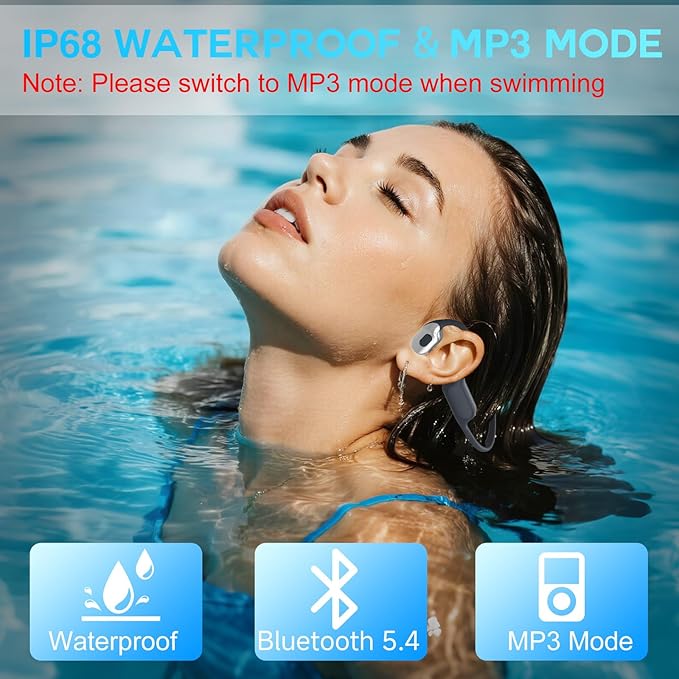 Swimming Headphone Open-Ear Bone Conduction-IP68 Waterproof Swim Earbuds with Bluetooth 5.4 Sport Headset with Safelight, 32G MP3 Memory Underwater Headphones, Running, Cycling