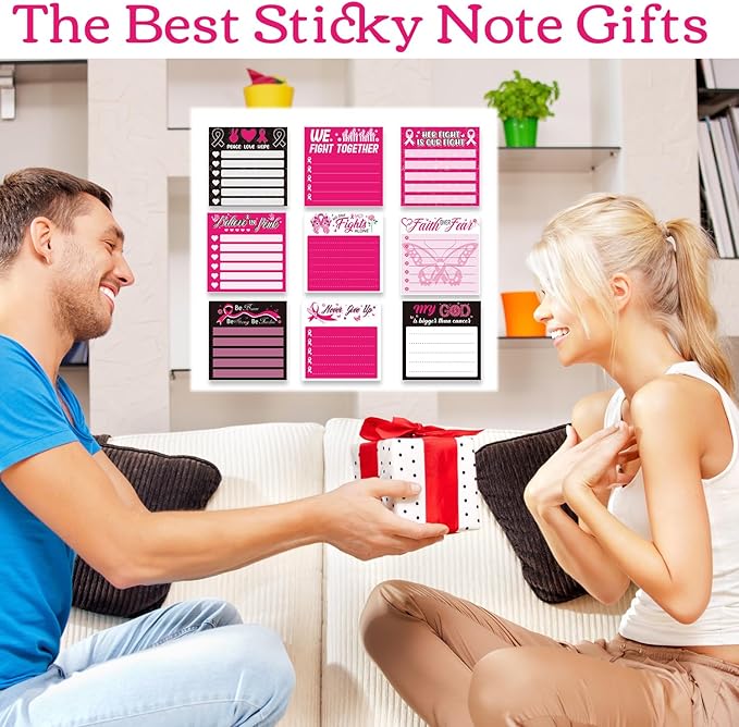 Breast Cancer Awareness Sticky Notes Gifts, 9 Pack Breast Cancer Awareness Notepads 3x3 Inches, Pink Ribbon Hope Fight Memo Post Pads School Office Supplies for Women Girls (450 Sheets)