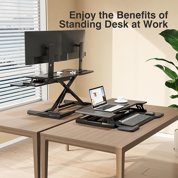 Standing Desk Converter 32 inch, Height Adjustable Sit Stand Desk Riser, Quick Sit to Stand Tabletop Dual Monitor Riser Workstation for Home Office with Keyboard Tray, Black