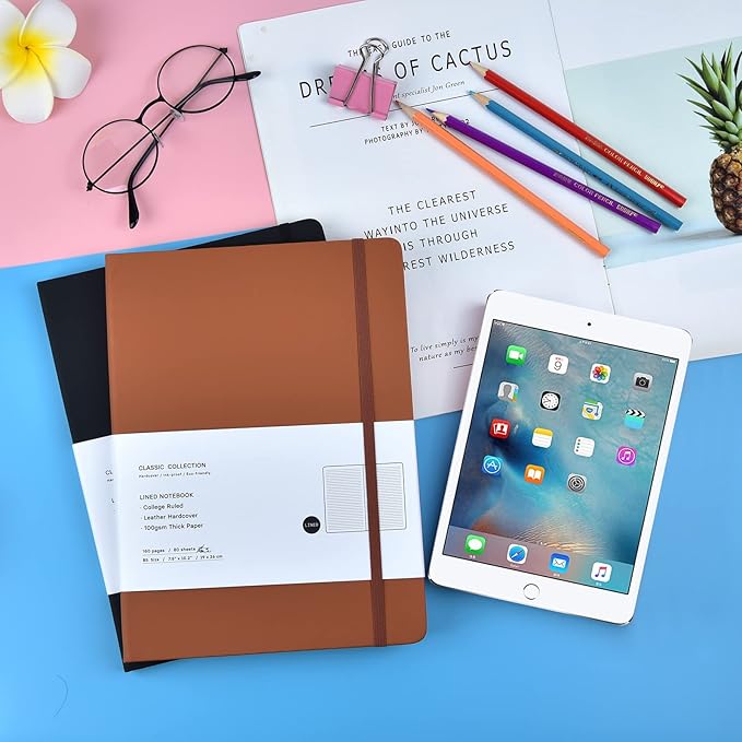 2 Pack B5 Journal Notebooks Classic College Ruled Notebooks Hardcover Lined Journals for Office Home School Business Writing Note Taking, 10.2 x 7.5 inch, 100GSM Thick Paper, 160 Pages (Black/Brown)