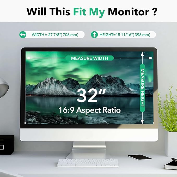 32 inch Computer Privacy Screen Filter for 16:9 Aspect Ratio Widescreen Monitor,32in Curved Computer Monitor Privacy Shield Anti Glare Blue Light Eye Protection, Anti-Scratch Removable Protector Film