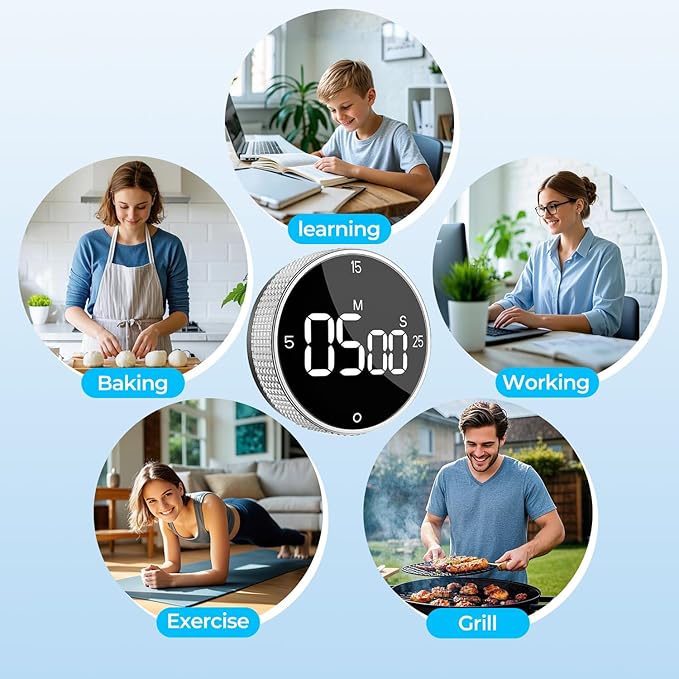 Rechargeable Magnetic Kitchen Timer for Cooking, Building 800mAh Battery Large Display Digital Countdown Countup Timer, 3 Preset 5/15/25 Mins Loud Alarm for Baking Grilling Studying - Silver