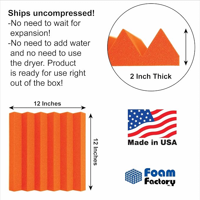 Foam Factory Inc 24 Pack Color Acoustic Foam Panel Studio Soundproofing Wedge Wall Tiles 12” X 12” X 2” (Orange)