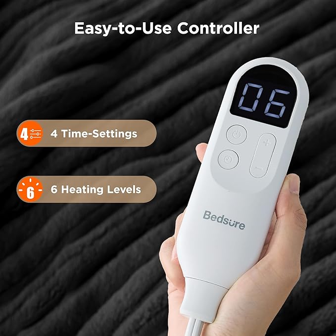 Bedsure Heated Blanket Electric Throw - Thick Striped Flannel Electric Blanket, Heating with 4 Time Settings, 6 Heat Settings, and 3-Hour Timer Auto Shut Off, Gift for Grandma (50x60 inches, Black)