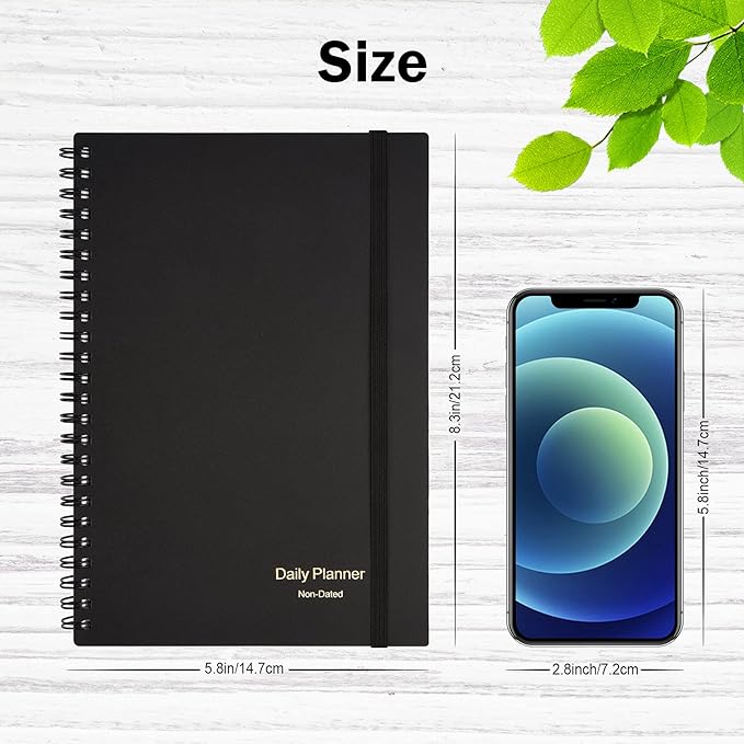Daily Planner Undated, Asten To Do List Notebook Hourly Schedules Spiral Appointment Planner for Men and Women,PVC Hardcover,Elastic Closure, Inner Pocket 8.3" x 5.8" (Black)