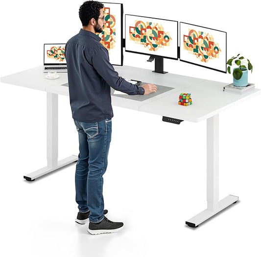 SANODESK Electric Standing Desk 71 x 32 Inches Height Adjustable Stand Up w/6-Button Controller Ergonomic Computer Desk with Splice Board for Home Office, White Frame + White Tabletop