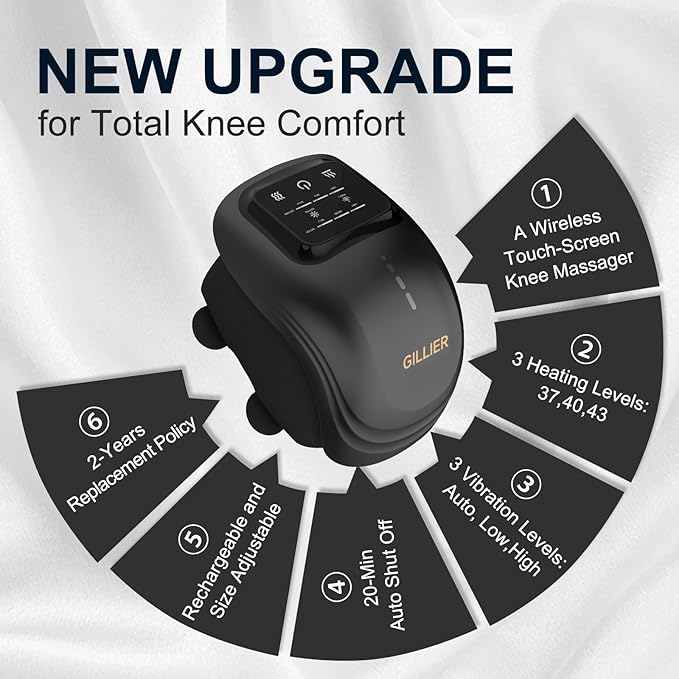 Knee Massager Smart with Heat, Red Light and Massage Therapy, 3 Vibration Modes and 3 Heating Levels, 2025 Updated Edition, LED Vitality Joints Knee Massager, Gifts for Grandma & Grandpa, Black