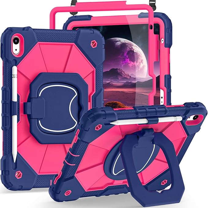 Case for iPad (A16) 11th Generation 11 Inch (2025)/iPad 10th Generation 10.9 Inch (2022),360° Rotating Stand i Pad Case 10th Generation with Screen Protector Pencil Holder,Navy Pink