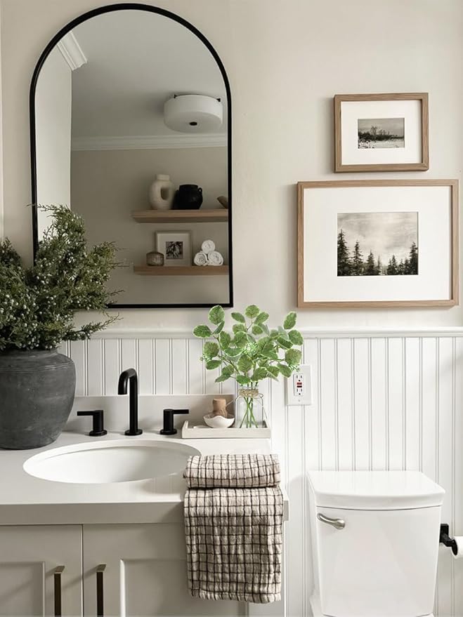 Fake Plants Eucalyptus Stems in Glass Vase with Faux Water, Artificial Plants Eucalyptus Leaves for Shelf Desk Bathroom Farmhouse Coffee Table Home Decor