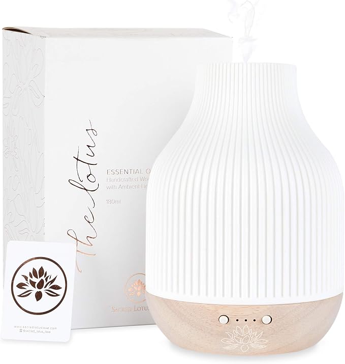 Essential Oil Diffuser Lamp, White Ceramic + Wood, Ultrasonic 180ml, Whispersoft, 4 Timers + 5 Light Settings, Auto Shut Off, Home + Office, Humidifier Air Purifier Aromatherapy