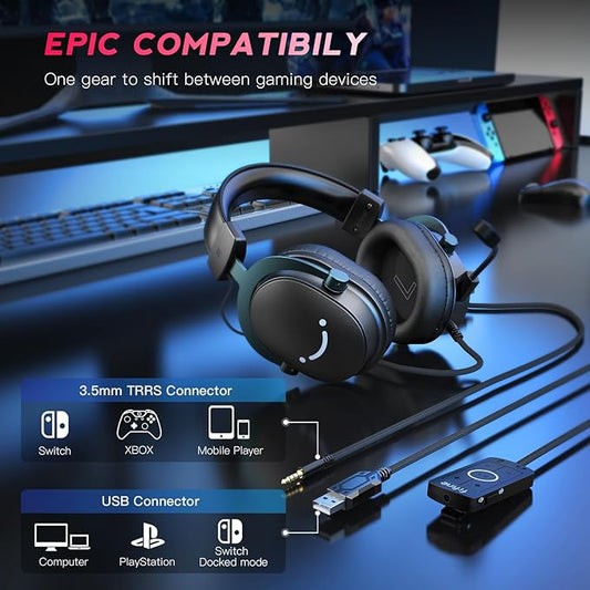 FIFINE PC Gaming Headset, USB Headset with 7.1 Surround Sound, Detachable Microphone, Control Box, 3.5mm Headphones Jack, Over-Ear Wired Headphones for PS5/Xbox/Switch, Black-AmpliGame H9