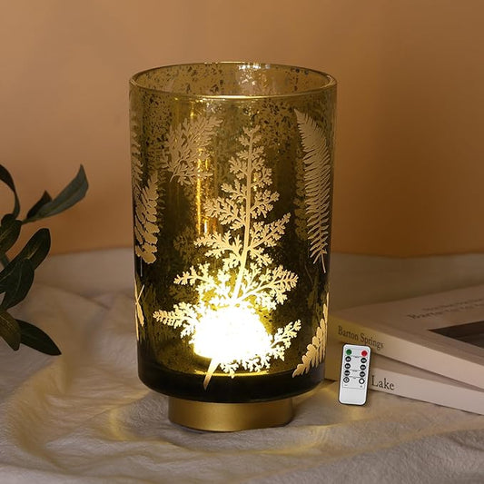 Eywamage Large Battery Operated Glass Table Lamp, Boho Green Ferns Leaves Mood Light with Remote, Cordless Bedside Accent Lamp Room Decor