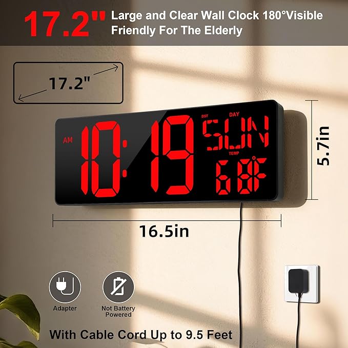Large Digital Wall Clock with Remote Control 17.2" LED Large Display Timer with Temperature Date Week Auto DST Adjustable Brightness, Big Wall Alarm Clock for Living Room Office Garage Gym Seniors