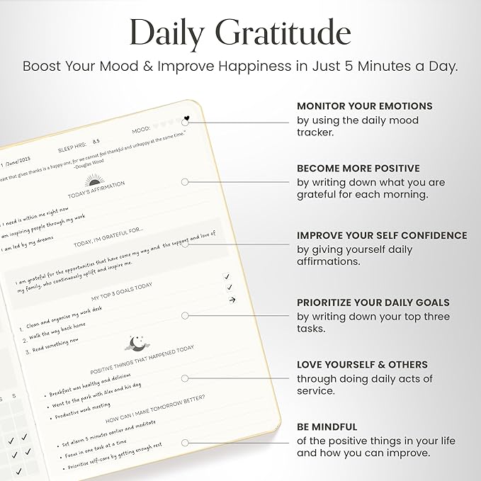 Gratitude Journal For Women & Men - Mental Health, Self Love & Self Care Journal - Black - 5.8" x 8.3" - Mantra Planner