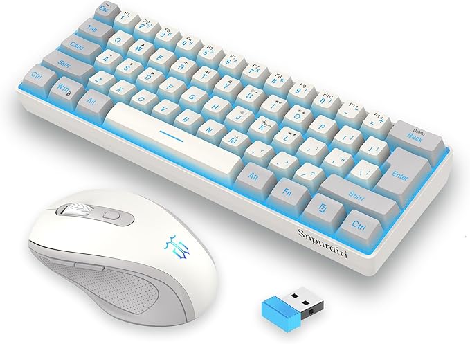 Snpurdiri 2.4G Wireless Gaming Keyboard and Mouse Combo, Include Mini 60% Mechanical Feel RGB Backlit Keyboard, Ergonomic Vertical Feel Small Wireless Mouse(Grey and White)
