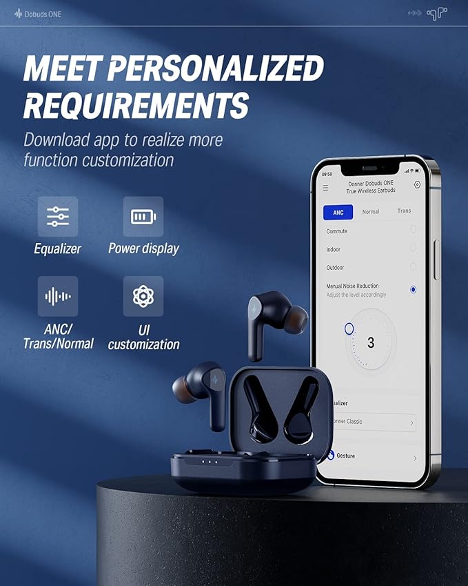Donner Wireless Earbuds Noise Cancelling, Bluetooth 5.2 Earphones with ENC for Clear Calls, 12mm Drivers & Balanced Armature, App for Custom EQ, 32H Playtime, Fast Charging - Dobuds ONE, Blue