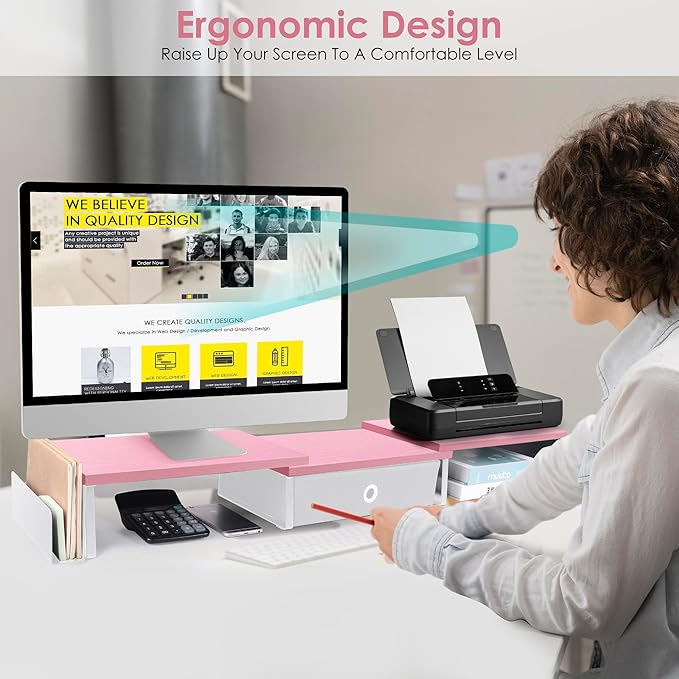 Dual Monitor Stand Riser With Drawer & Metal Leg, Large Desk Shelf For 2 Monitors w/ Adjustable Length & Angle, Desktop Organizer For Laptop/TV/Printer