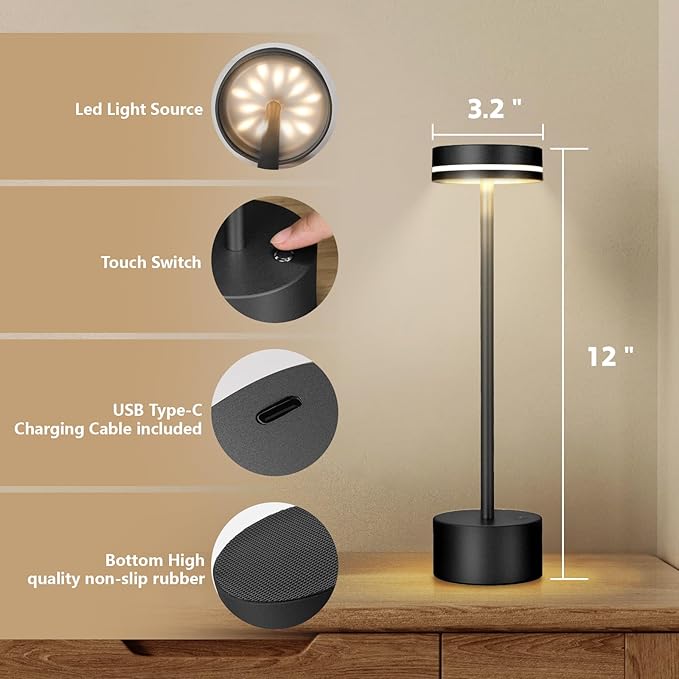 2 Pack Cordless Table Lamp,Bedside Table Lamp for Bedroom,5000mAh Battery Operated Portable LED Desk Lamp,3 Way Dimmable Touch Lamp USB C Charging Ports for Living Room, Desk,Dining Room(Black)