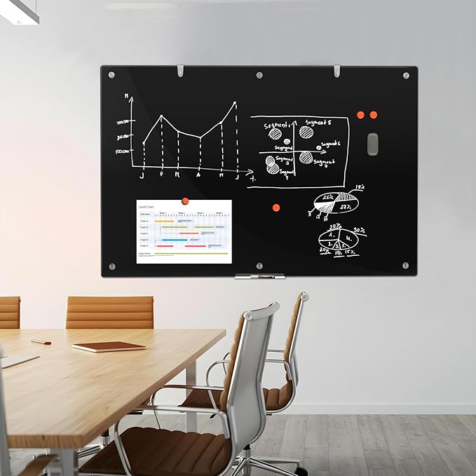 Large Black Glass Dry Erase Board, 72 x 48 Inches Magnetic Glass whiteboard,6' x 4' Frameless Blackboard for Office,Home,School
