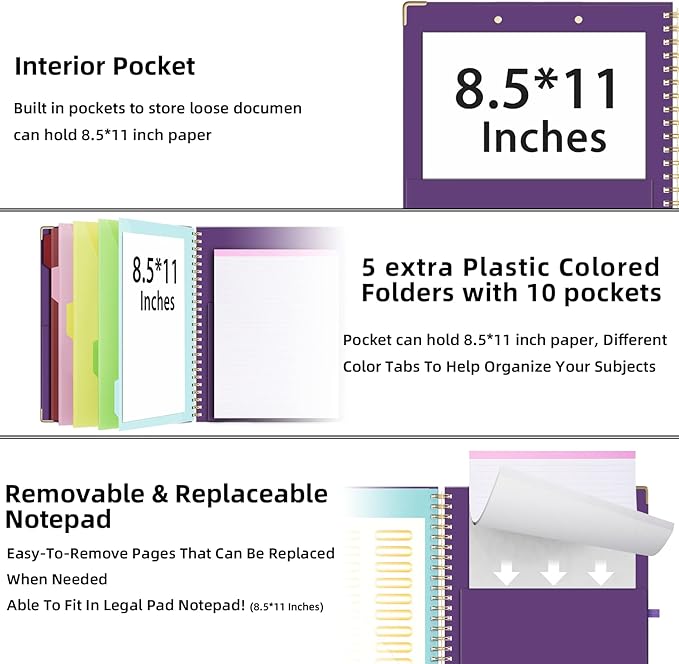 Ospelelf Clipboard with Storage 8.5 X 11，Padfolio Organizer, Spiral Portfolio Letter Size with Notepad, Pen Holder, 5 Extra Folder Divider Pages, Elastic Closure Nurse Office Essentials (Purple)