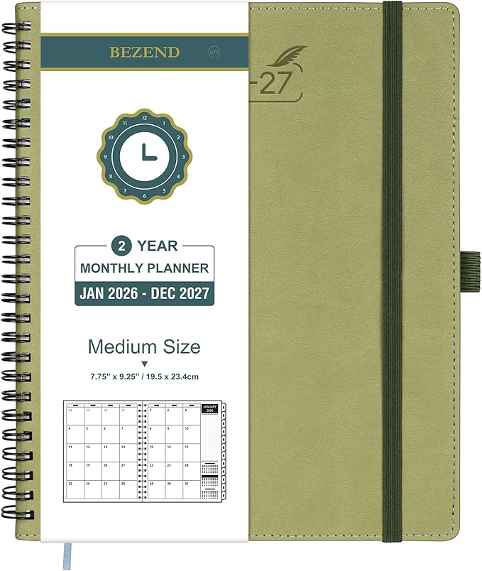 BEZEND Monthly Planner 2026-2027 (Spiral-7" x 9") 2 Year Calendar Book with Note Pages - Jan 26 to Dec 27-120 GSM Paper, Inner Pockets, Laminated Tabs, Vegan Leather Softcover - Kiwi