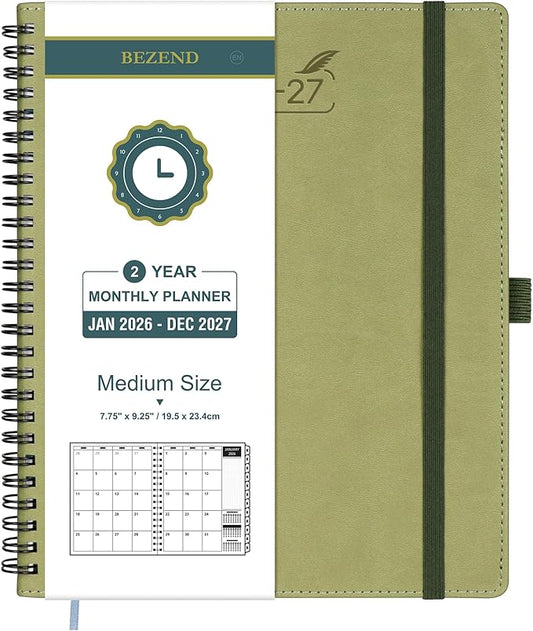 BEZEND Monthly Planner 2026-2027 (Spiral-7" x 9") 2 Year Calendar Book with Note Pages - Jan 26 to Dec 27-120 GSM Paper, Inner Pockets, Laminated Tabs, Vegan Leather Softcover - Kiwi