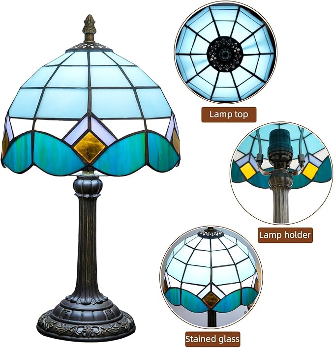 Sky Blue and White Lamp Small Tiffany Lamps Bedside Nightstand for Bedroom Dector Light Stained Glass Table Lamp Living Room Kitchen Night Lamp Farmhouse Cute 8 Inch Aesthetic Mediterranean Desk Lamps