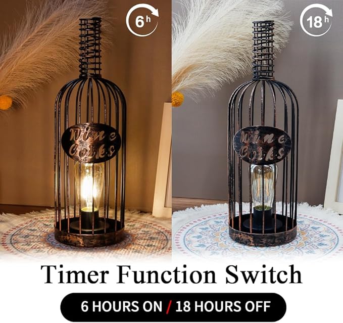 JHY DESIGN Decorative Table Lamp Battery Powered 13.5”H Cordless Metal Wine Cork Holder Lamp with 6-Hour Timer for Tabletop Home Patio Dining Room Living Room(Black Brushed Gold)