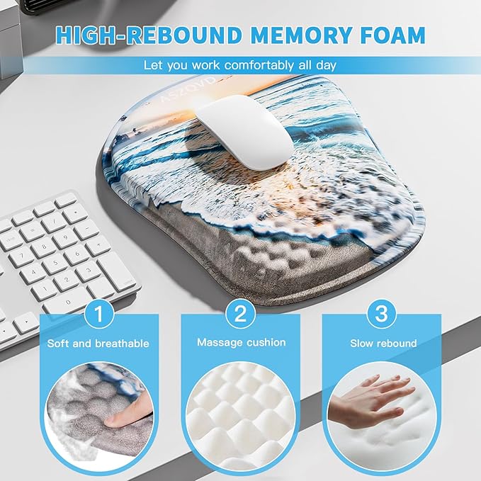 Mouse Pad with Wrist Rest, Ergonomic Mousepads with Wrist Support, Soft Lycra Fabric Memory Foam Office Desk Accessories for Comfort/Pain Relief/PC Gaming/Computer/Laptop (Seaside Sunset)