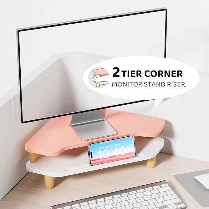 Monitor Stand Riser,2 Tier Corner Wood Monitor Stand Sturdy Computer Stand Multi-Purpose Desktop Storage Stand for Laptop,PC,iMac,Printer,Computer,Pink