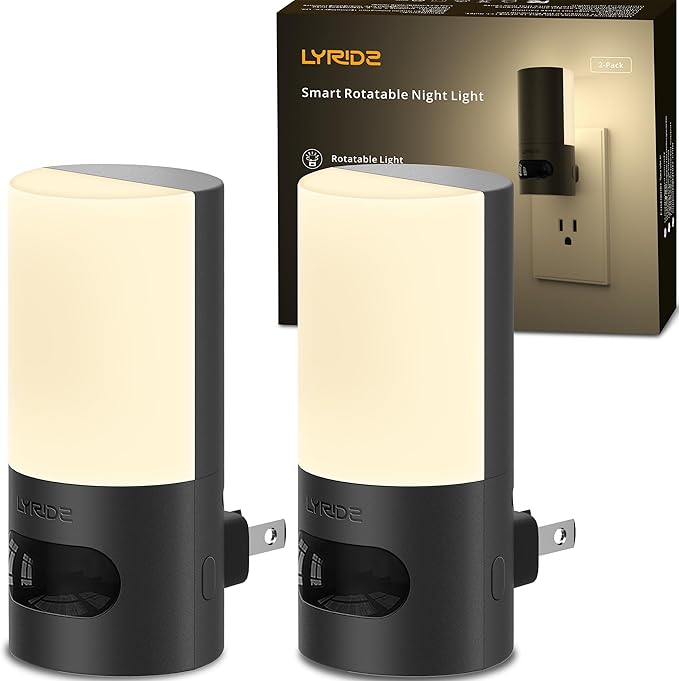 Lyridz Plug-in LED Rotatable Night Light with Motion Sensor, Dimmable Backlit Nightlight with 1-150lm Adjustable Brightness for Bathroom, Bedroom, Hallway, Stairs, 2 Pack