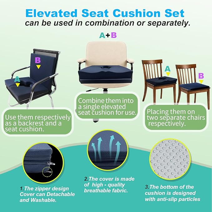 Gel Wheelchair Seat Cushion,Bed Sore Cushions for Butt,Relieve Sciatica,Coccyx,Pressure Sore and Ulcer Pain Relief Pillow,Cushion for Office Chairs,Removable&Washable Cover(Elevated Set Blue)