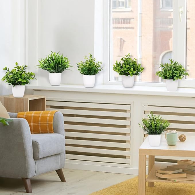 6 Pot Small Fake Plant Flowerpot Artificial Plastic Eucalyptus Plant Wheat Grass Shrub Plant Indoor Desk Coffee Table Bathroom Bedroom Home Decoration (6)