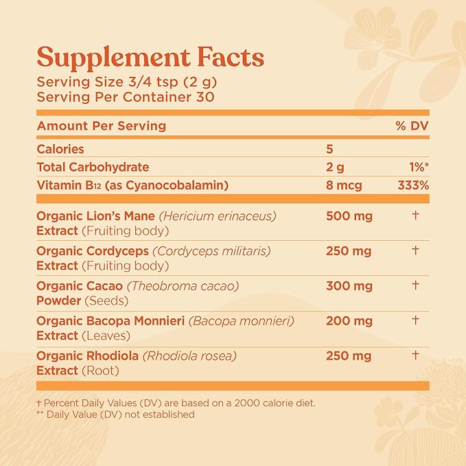 Four Sigmatic Focus Blend | Organic Lion's Mane Powder with Adaptogen and Mushroom Blend | Includes Cordyceps, Rhodiola, Bacopa & Mucuna | 30 Servings