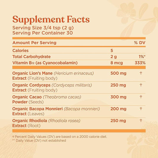 Four Sigmatic Focus Blend | Organic Lion's Mane Powder with Adaptogen and Mushroom Blend | Includes Cordyceps, Rhodiola, Bacopa & Mucuna | 30 Servings