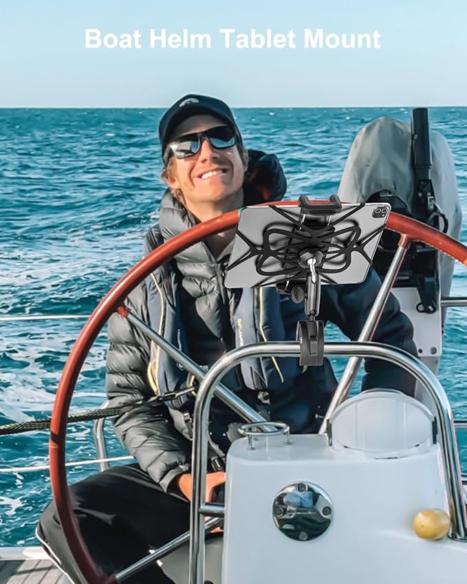 Boat Helm Tablet Mount, Marine Rail Tablet Holder with Aluminum Arm, 360° Adjustable Sailboat Pole Rod Handle Bar Clamp Mount for iPad Pro 13 12.9 11 Air Mini, Galaxy Tab, iPhone, 4-13" Device