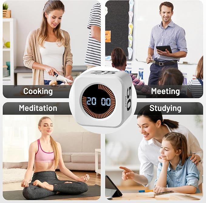 Rotating Pomodoro Timer, 5/10/25/50 Minutes, Countdown & Stopwatch, Desk Productivity, ADHD Tool Cube Flip Timer, Adjustable Silent, for Study, Work, Kitchen (White)
