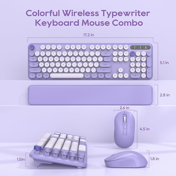 Wireless Keyboard and Mouse Combo, Cute Round Keycaps, Full-Size Retro Typewriter Keyboard with Detachable Wrist Rest, 2.4GHz Cordless Connection for Mac/Windows/PC/Laptop (Purple-Colorful)