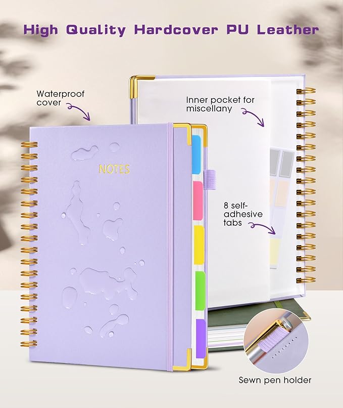 Hardcover Spiral Notebook journal with Removable Dividers Tabs, 300 Pages Leather 5 Subject Notebook College Ruled, 8"x10" Large B5 Notebooks for Work School Note taking,Lined Journal for Women,Purple