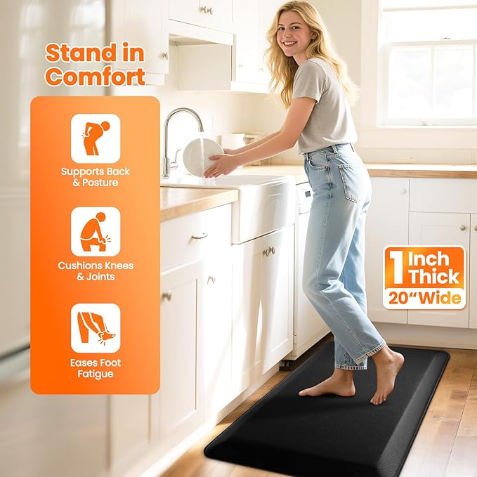 Kitchen Mats for Floor, 1 Inch Extra-Thick Kitchen Rugs, Non-Slip & Waterproof Standing Desk Mat, Comfort Anti Fatigue Mats for Kitchen Floor, Home, Sink, Office (20" X 32", Black)