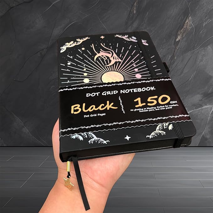 BUKE Dotted Journal - 150gsm Black Paper - 5 * 5mm DOT GRID Layout 160 Pages - A5 Size PU Leather Hardcover Drawing Sketch Notebook (Black)