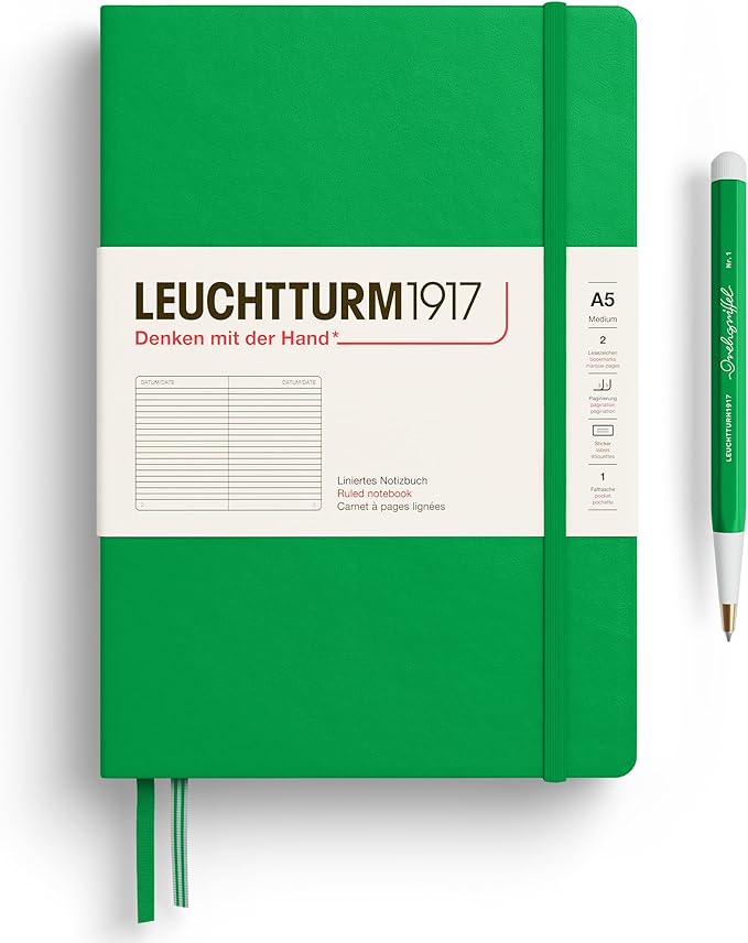 LEUCHTTURM1917 - Notebook Hardcover Medium A5-251 Numbered Pages for Writing and Journaling - Thinking Ahead (Ruled Paper, Spring Leaf)
