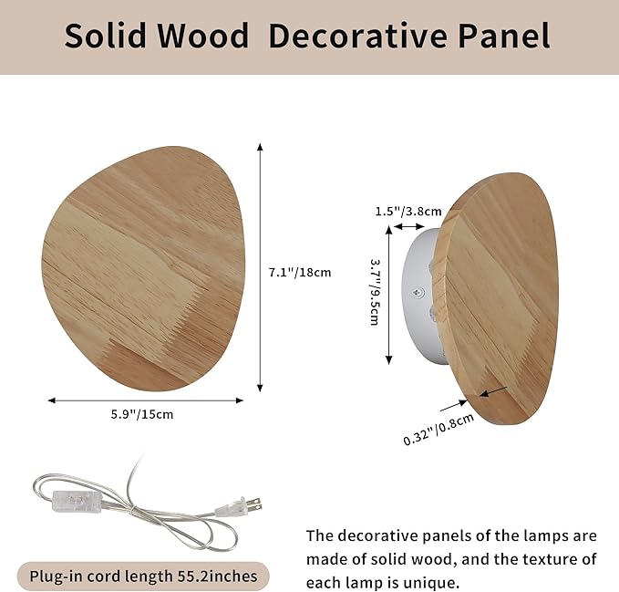 Modern Minimalist Plug in Wall Sconces, 7.9'' Plug-in Or Cordless Wood Backlight LED Wall Lamp, 8W, 700LM Warm White Brightness Wall Light Fixtures for Bedroom, Living Room Wall Décor