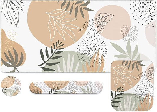 HAOCOO Computer Desk Mat Large, Ergonomic Mouse Pad with Wrist Rest and Keyboard Wrist Pad, 4 in 1 Desk Pad Set with Coaster, Massage Gaming Mousepad for Laptop Desktop Office, Boho Tropical Leaves