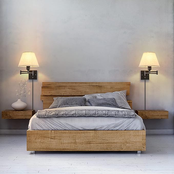 TRLIFE Wall Sconce Plug in, Dimmable Wall Sconces Set of Two Swing Arm Wall Lights with Plug in Cord and On/Off Dimmer Rotary Switch, 9.4" Medium Beige Fabric Shade(2 Pack, 2 Bulbs)