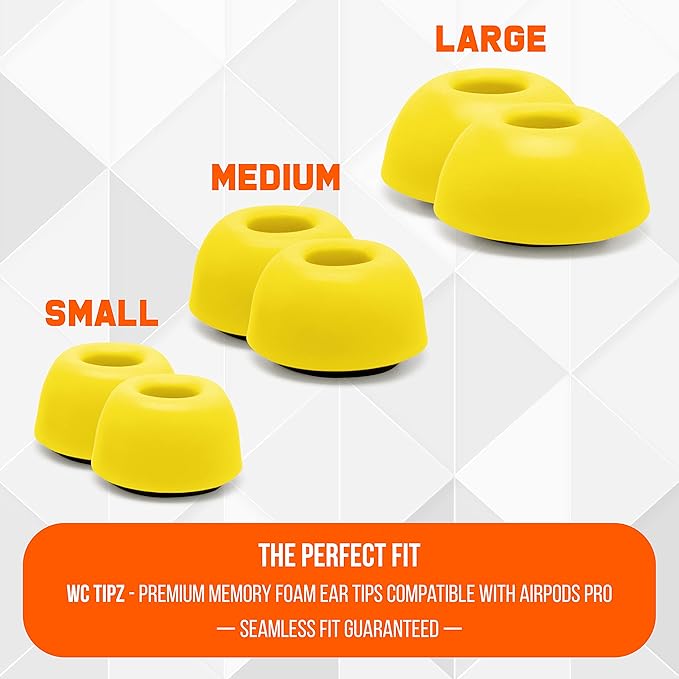 WC TipZ - Upgraded Memory Foam Ear Tips for Airpods Pro Made by Wicked Cushions | Improved Comfort, Tighter Seal, Better Foam Rebound Time | Fits Perfectly in Charging Case | Neon Yellow