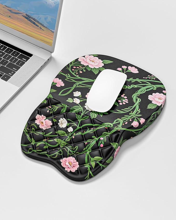 Auhoahsil Ergonomic Mouse Pad with Wrist Rest, Comfortable Slope Computer Mouse Mat with Wrist Support, Memory Foam Filling, Non-Slip Silicone Base, Pain Relief for Gaming Work, 8" x 12", Black Vines