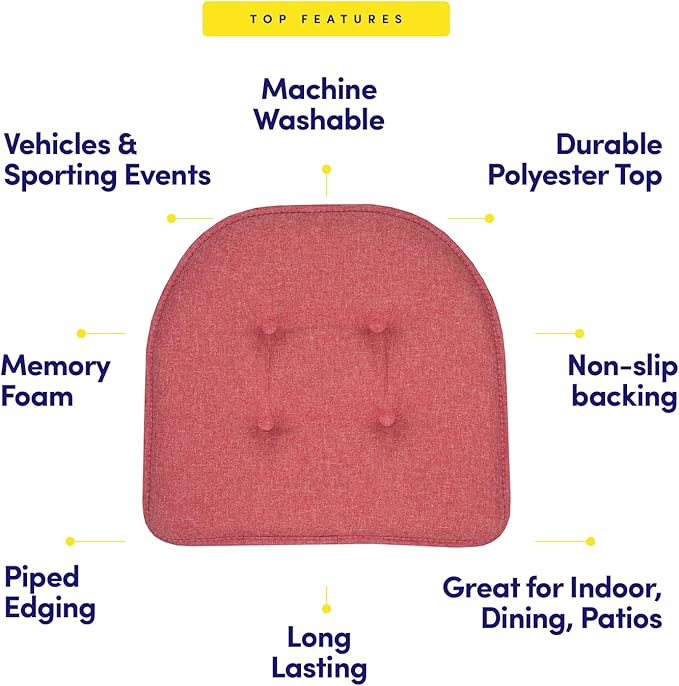 Sweet Home Collection Chair Cushion Memory Foam Pads Tufted Slip Non Skid Rubber Back U-Shaped 17" x 16" Seat Cover, 4 Count (Pack of 1), Peach