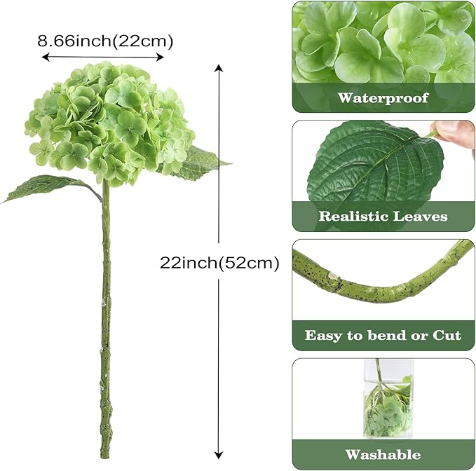 Green Hydrangea Artificial Flowers 3pcs Lifelike Faux Hydrangea Real Touch Fake Flowers for Home Wedding Office Party Living Room Decoration,22inch
